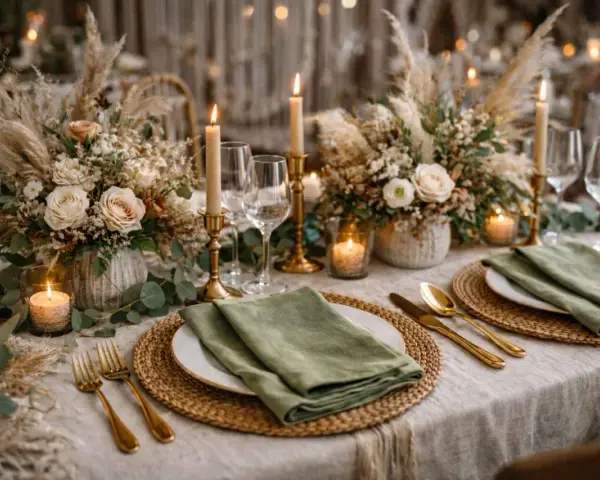 Elegancki ślub boho: złote sztućce, zielone serwetki, świece i bukiety z traw pampasowych tworzą ciepłą atmosferę.