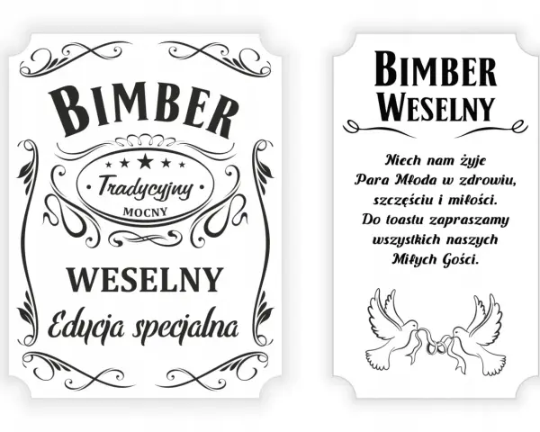 Etykiety z zabawnymi nazwami bimbru na wesele: "Bimber Tradycyjny MOCNY" i "Bimber Weselny - Edycja specjalna".