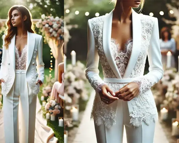 Elegancka panna młoda w białym garniturze na wesele w spodniach, z koronkowym topem i ozdobnymi detalami.