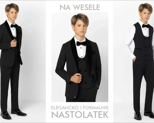 Elegancko i formalnie: jak ubrać 16 latka na wesele. Chłopiec w czarnym garniturze, kamizelce i muszce.