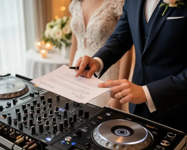 Pan młody podpisuje umowę DJ-owi, który przygotowuje się do wesela.