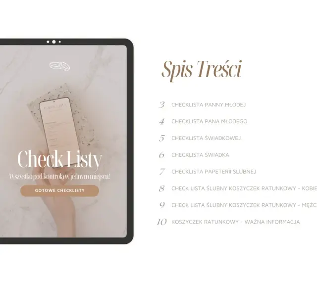 Lista rzeczy, co świadkowa powinna mieć w torebce, znajduje się na ekranie tabletu. Obok spis treści weselnych checklist.