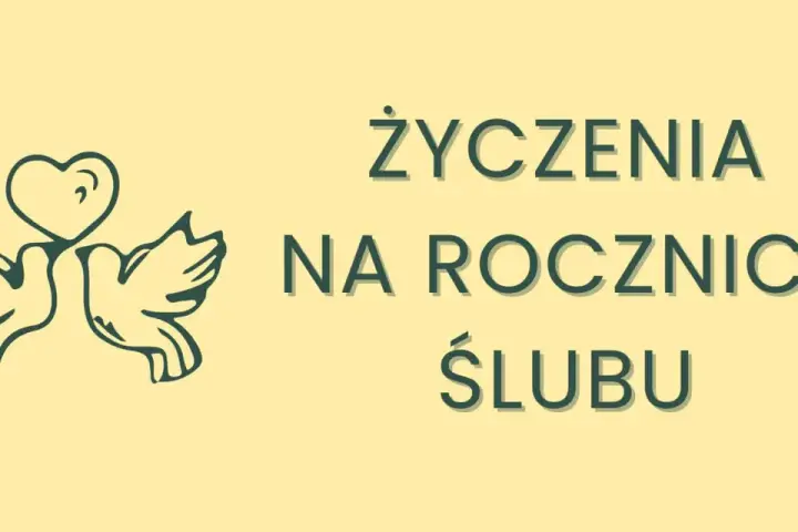 Dwa gołąbki z sercem nad głową symbolizują miłość. Napis "Życzenia na rocznicę ślubu" zaprasza do świętowania pierwszej wspólnej rocznicy.