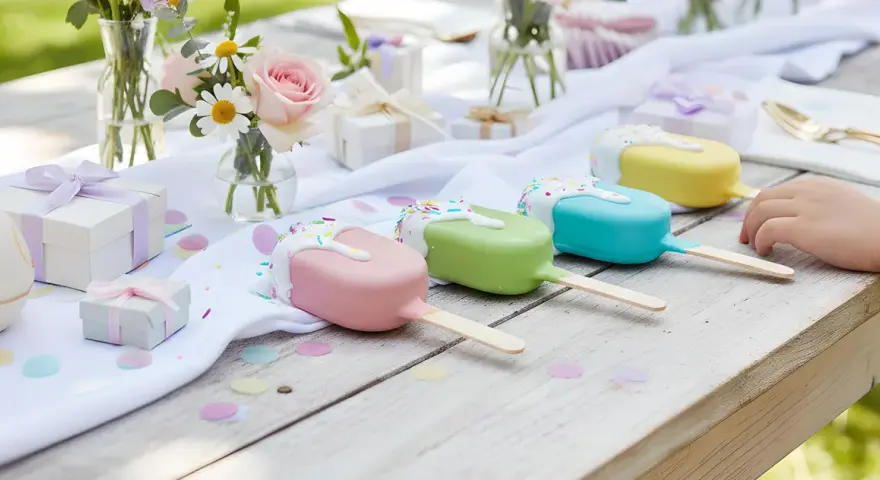 Kolorowe cake pops wesele na drewnianym stole, ozdobionym kwiatami i prezentami.