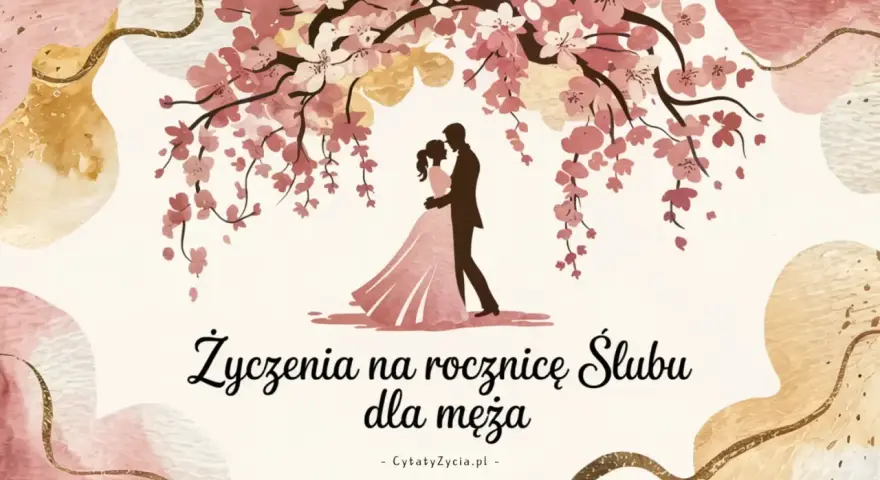 Para młoda pod kwitnącą wiśnią. Oryginalne życzenia na rocznicę ślubu dla męża.