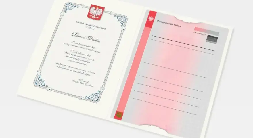 Dokument Urzędu Stanu Cywilnego z gratulacjami z okazji zawarcia związku małżeńskiego. Potwierdza ważne stany cywilne.
