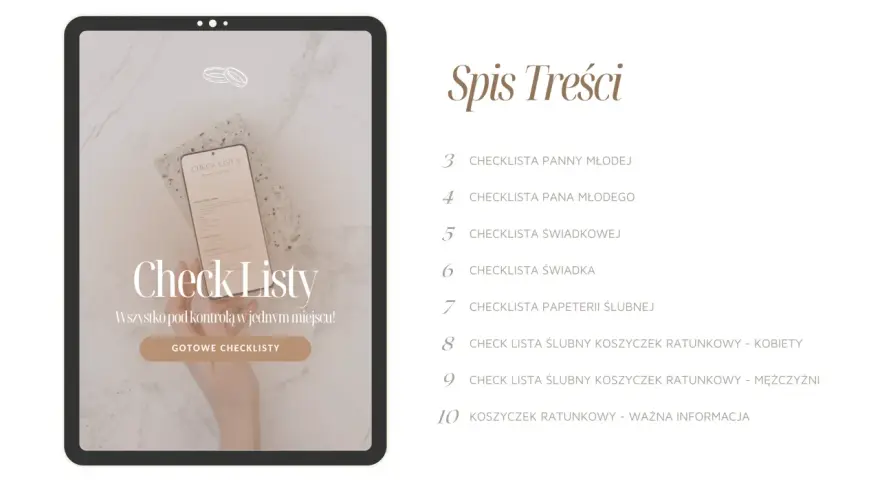 Lista rzeczy, co świadkowa powinna mieć w torebce, znajduje się na ekranie tabletu. Obok spis treści weselnych checklist.