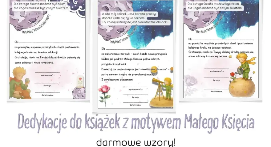 Dedykacja do książki na ślub z Małym Księciem. Wzory z cytatami i ilustracjami.