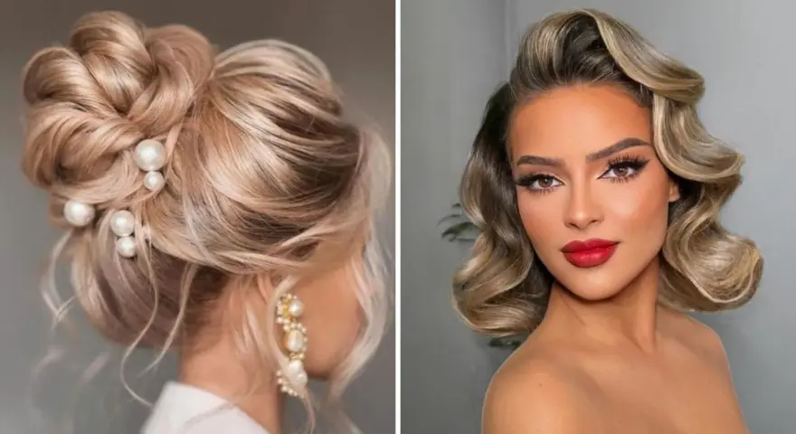 Eleganckie fryzury na wesele dla 40 latki: upięcie z perłami i fale w stylu retro.