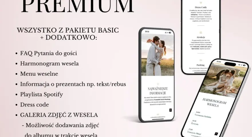 Strona ślubna w wersji Premium. Telefon pokazuje harmonogram wesela, dress code i atrakcje.