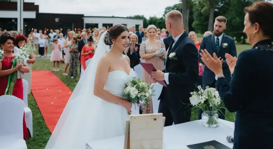 Urzędniczka udziela ślubu cywilnego parze młodej na tle gości.