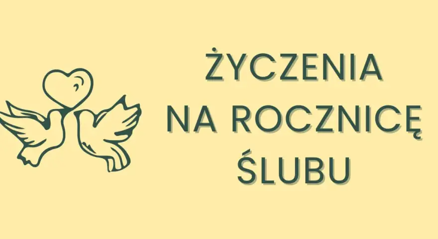 Dwa gołąbki z sercem nad głową symbolizują miłość. Napis "Życzenia na rocznicę ślubu" zaprasza do świętowania pierwszej wspólnej rocznicy.