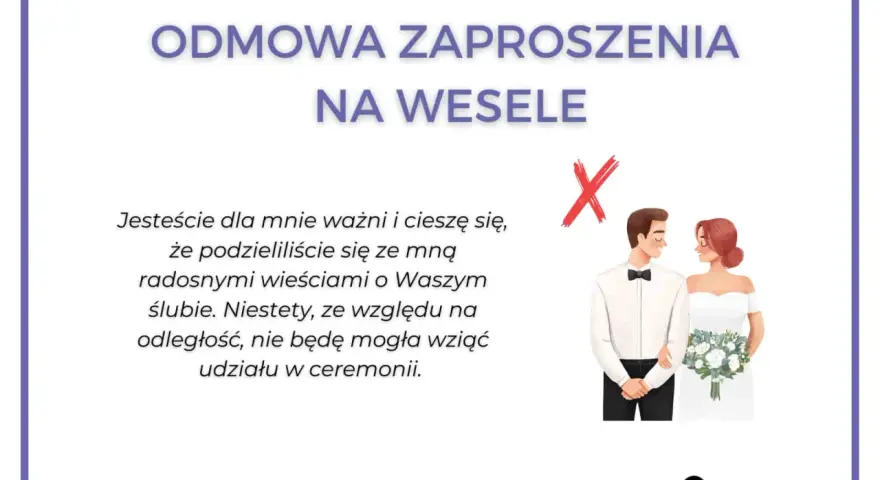 Jak odmówić wesele: tekst z propozycją grzecznego odmówienia zaproszenia na ślub z powodu odległości. Para młoda na ilustracji.