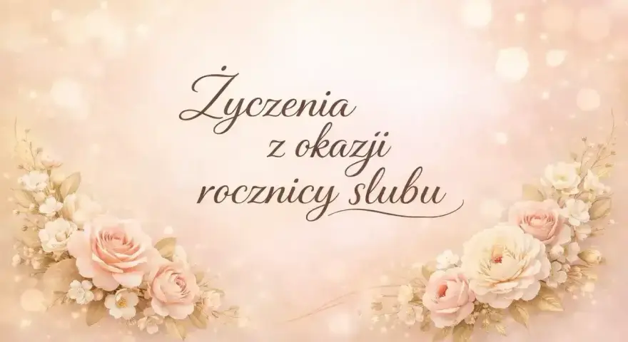 Eleganckie życzenia z okazji rocznicy ślubu, ozdobione pastelowymi różami i delikatnymi światłami.