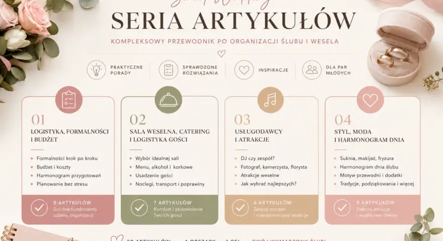 Przewodnik po organizacji ślubu i wesela: logistyka, sala, usługodawcy, styl. Wszystko, co potrzebne do zaplanowania idealnej ceremonii zaślubin.