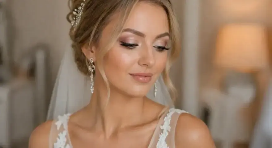 Piękna panna młoda z delikatnym makijażem. Zastanawiasz się, ile godzin przed ślubem zrobić makijaż? Ten look sugeruje, że warto zacząć wcześnie!