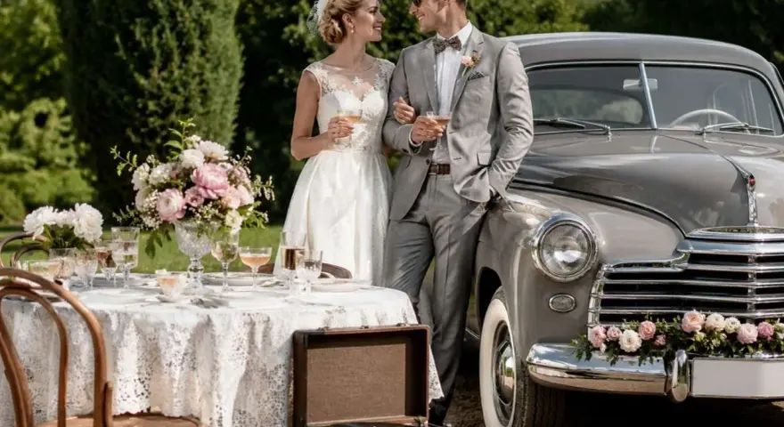 Para młoda przy stylowym aucie, stół z kwiatami i kieliszkami. Wesele w stylu wiejskim z nutą retro.
