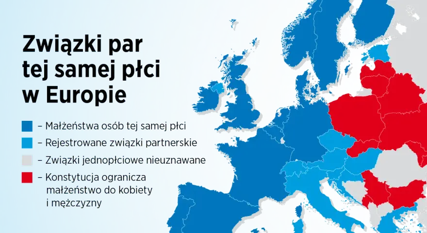 Mapa Europy pokazuje, gdzie można wziąć ślub homoseksualny. Większość krajów pozwala na małżeństwa lub związki partnerskie.