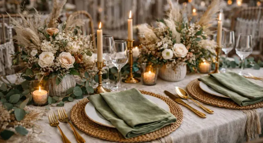 Elegancki ślub boho: złote sztućce, zielone serwetki, świece i bukiety z traw pampasowych tworzą ciepłą atmosferę.