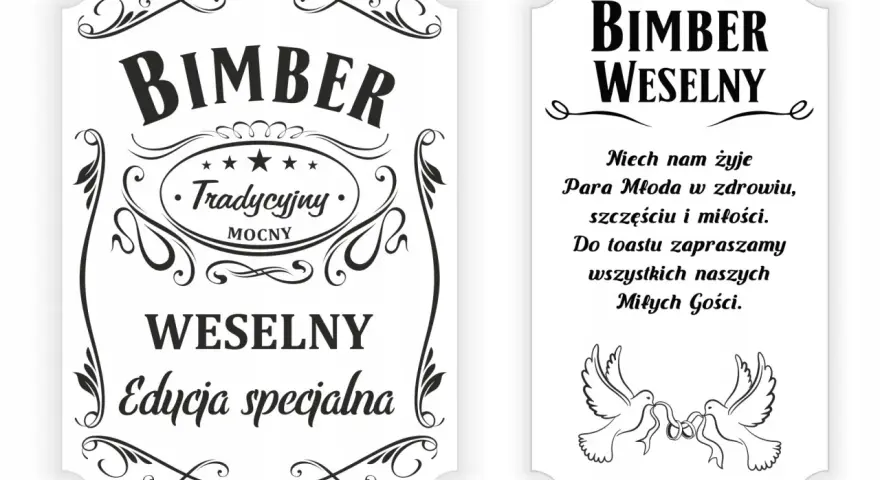 Etykiety z zabawnymi nazwami bimbru na wesele: "Bimber Tradycyjny MOCNY" i "Bimber Weselny - Edycja specjalna".