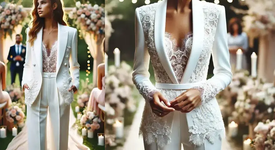 Elegancka panna młoda w białym garniturze na wesele w spodniach, z koronkowym topem i ozdobnymi detalami.
