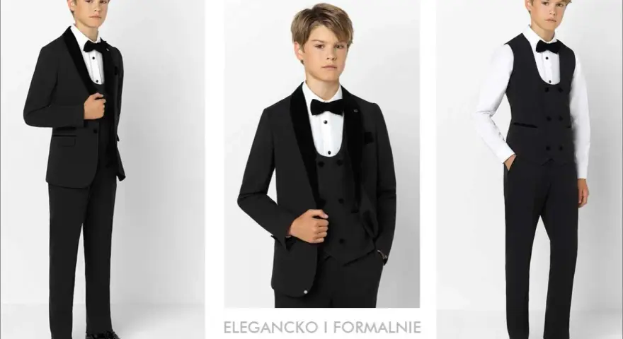 Elegancko i formalnie: jak ubrać 16 latka na wesele. Chłopiec w czarnym garniturze, kamizelce i muszce.