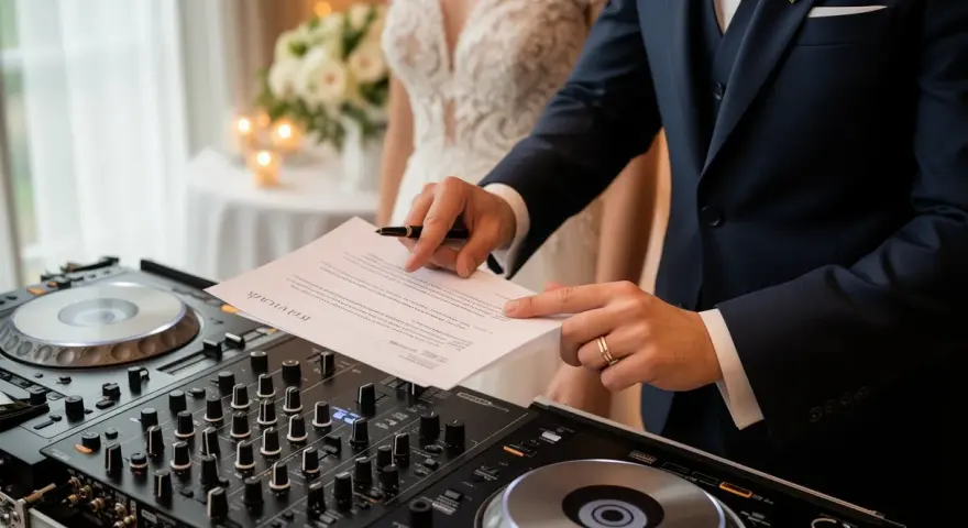 Pan młody podpisuje umowę DJ-owi, który przygotowuje się do wesela.