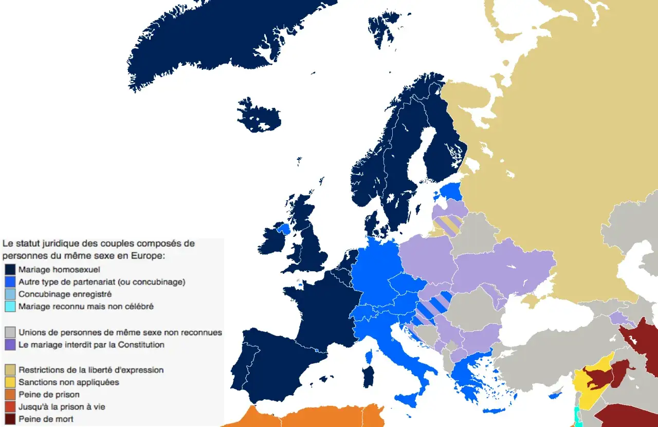 Mapa Europy pokazuje, gdzie można wziąć ślub homoseksualny. Niebieskie kraje oferują pełne małżeństwo.