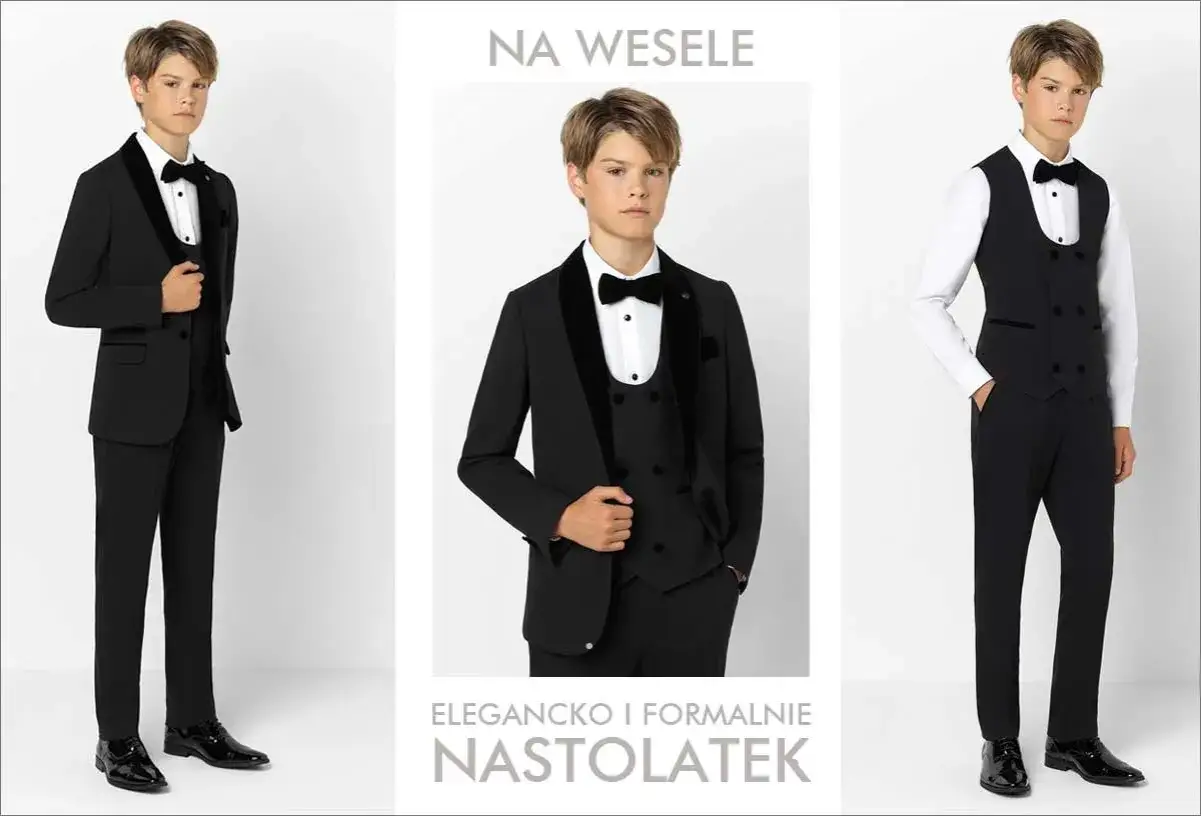 Elegancko i formalnie: jak ubrać 16 latka na wesele. Chłopiec w czarnym garniturze, kamizelce i muszce.