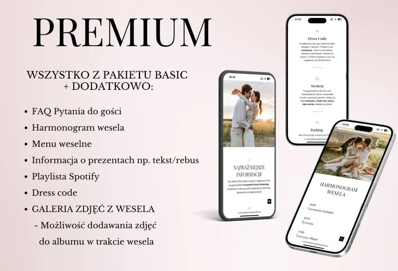 Strona ślubna w wersji Premium. Telefon prezentuje harmonogram, dress code i atrakcje weselne.