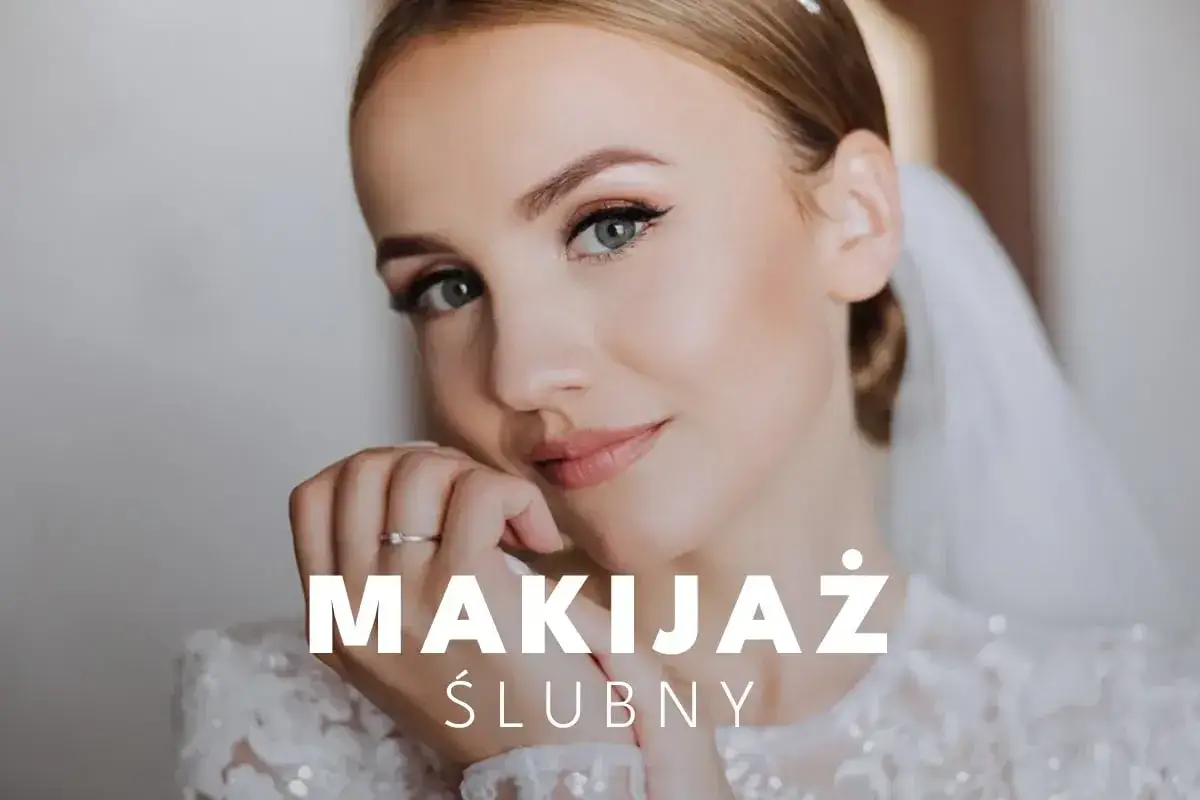Delikatny makijaż ślubny naturalny podkreśla urodę panny młodej. Jej oczy błyszczą, a usta kuszą subtelnym kolorem.