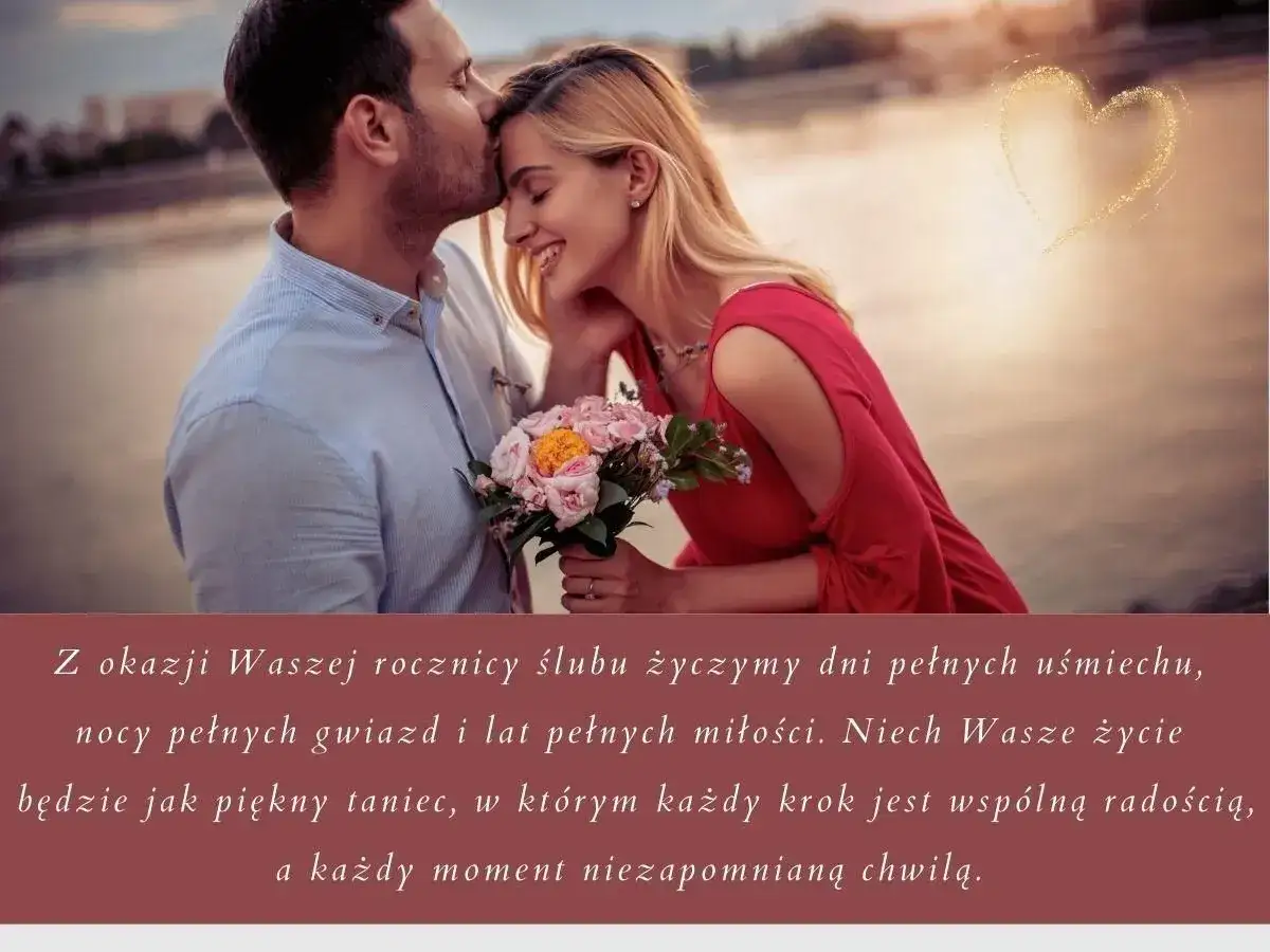 Para świętująca 16 rocznicę ślubu, trzymająca bukiet r&oacute;ż. Romantyczne życzenia miłości i radości.