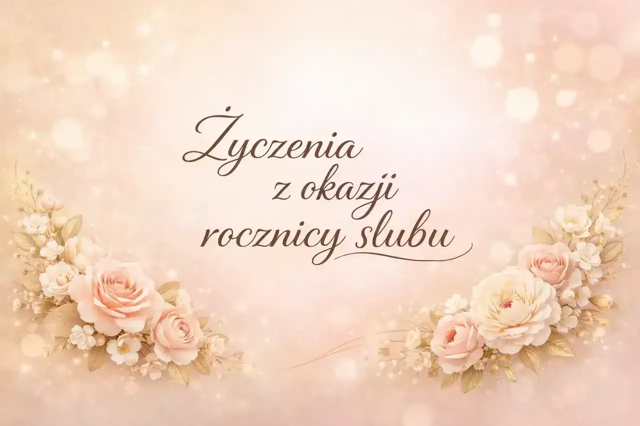 Delikatne, pastelowe róże i napisy "Życzenia z okazji rocznicy ślubu" na tle bokeh.