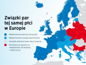 Mapa Europy pokazuje, gdzie można wziąć ślub homoseksualny. Większość krajów pozwala na małżeństwa lub związki partnerskie.
