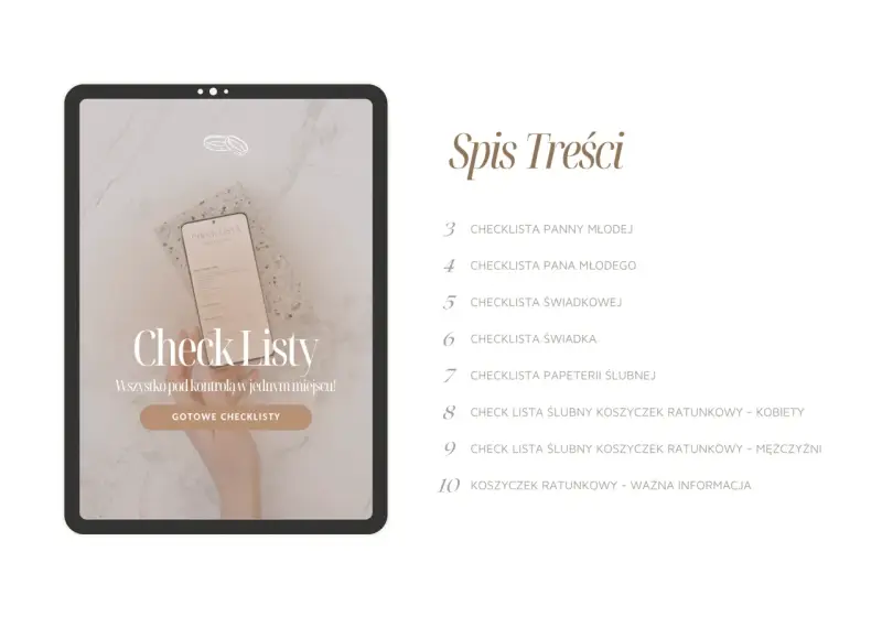 Lista rzeczy, co świadkowa powinna mieć w torebce, znajduje się na ekranie tabletu. Obok spis treści weselnych checklist.