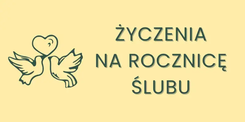 Dwa gołąbki z sercem nad głową symbolizują miłość. Napis "Życzenia na rocznicę ślubu" zaprasza do świętowania pierwszej wspólnej rocznicy.