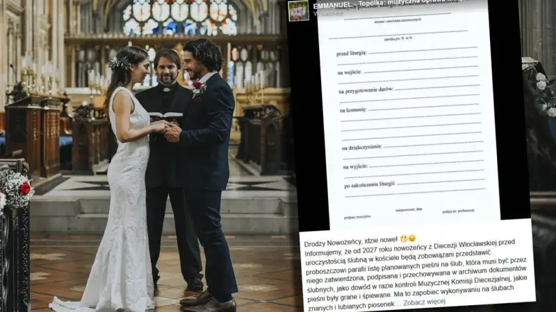 Ślub w kościele wymaga listy pieśni. Od 2027 roku nowożeńcy z Diecezji Włocławskiej muszą przedstawić proboszczowi planowane pieśni na ślub.
